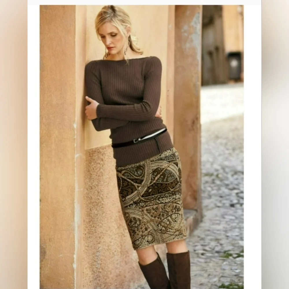 Peruvian Connection Pima Cotton Knit Pencil Skirt Brown Paisley Floral Size LARG